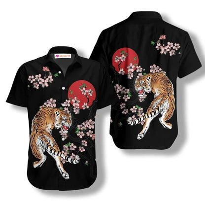 Tiger Sakura And Red Moon Pattern Hawaiian Shirt,Hawaiian Shirt Gift, Christmas Gift