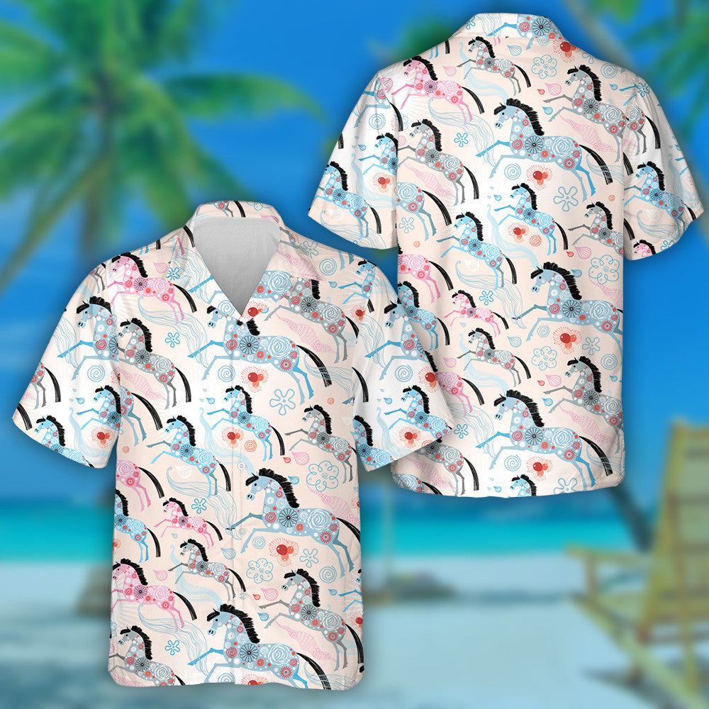 Bright Ornamental With Horses On Pink Background Hawaiian Shirt, Hawaiian Shirt Gift, Christmas Gift
