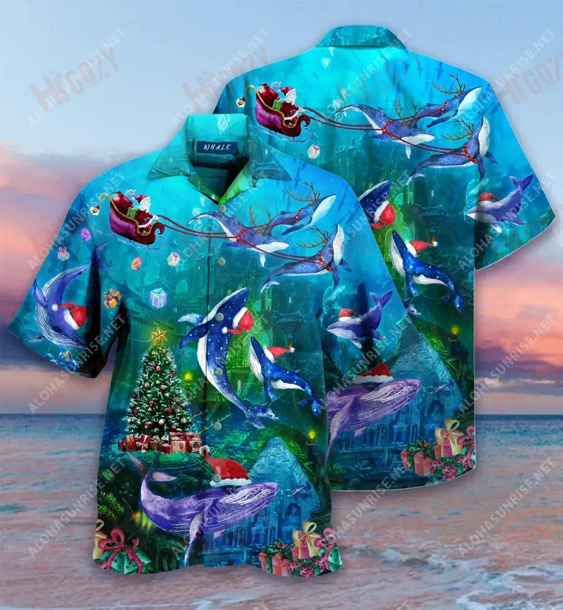 Chirstmas Whales Under The Sea Short Hawaiian Shirt Vacation Aloha Shirt Custom Hawaiian Shirts Hawaiian Shirts For Men, Hawaiian Shirt Gift, Christmas Gift
