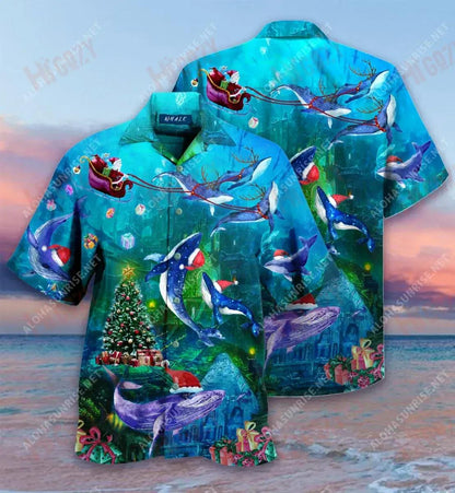 Chirstmas Whales Under The Sea Short Hawaiian Shirt Vacation Aloha Shirt Custom Hawaiian Shirts Hawaiian Shirts For Men, Hawaiian Shirt Gift, Christmas Gift