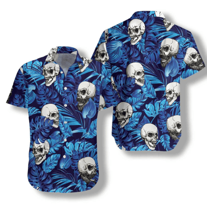 Blue Tropical Floral Summer And Skull Pattern Hawaiian Shirt, Hawaiian Shirt Gift, Christmas Gift