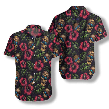 Pineapple Skull Green Leaves Pattern Hawaiian Shirt,Hawaiian Shirt Gift, Christmas Gift