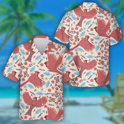 Red Cardinal And Flower With Leaves On White Hawaiian Shirt, Hawaiian Shirt Gift, Christmas Gift
