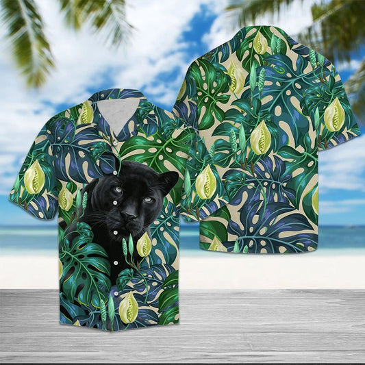 Black Panther Among Monstera Leaves Hawaiian Shirt, Hawaiian For Gift
