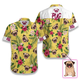 Vivid Hibiscus With Leaves With Pug Custom Photo Hawaiian Shirt, Hawaiian Shirt Gift, Christmas Gift