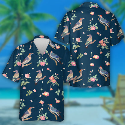 Birds And Blooming Roses On Dark Blue Background Hawaiian Shirt, Hawaiian Shirt Gift, Christmas Gift