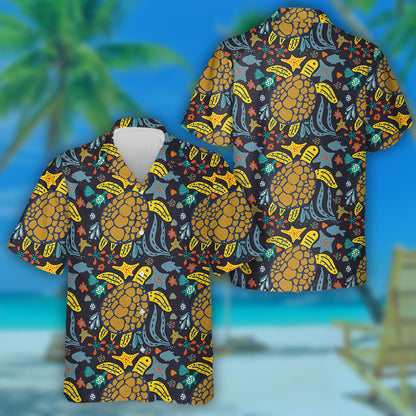 Handdrawn Turtles Sea With Various Marine Animals Hawaiian Shirt, Hawaiian Shirt Gift, Christmas Gift