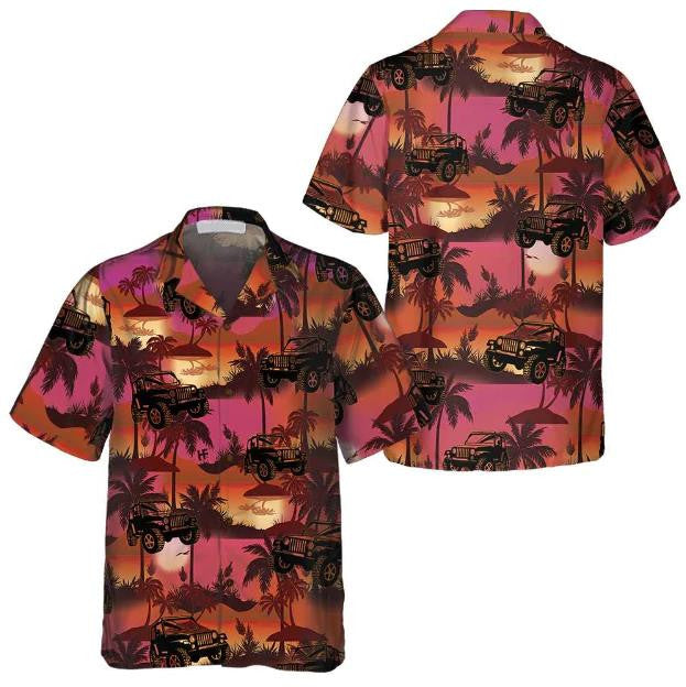 Jeep Tropical Palm Trees Beach At Sunset Pattern Hawaiian Shirt, Hawaiian Shirt Gift, Christmas Gift