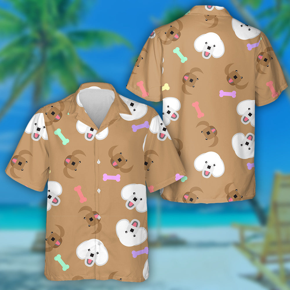 Cartoon Poodle Dog And Bone Icons On Brown Hawaiian Shirt, Hawaiian Shirt Gift, Christmas Gift
