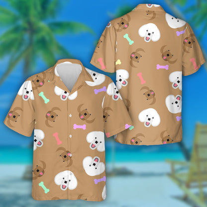 Cartoon Poodle Dog And Bone Icons On Brown Hawaiian Shirt, Hawaiian Shirt Gift, Christmas Gift