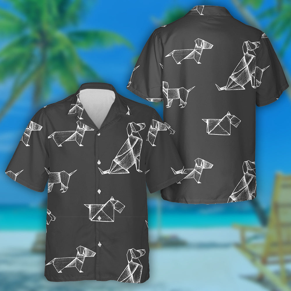 Origami With White Paper Dogs On Grey Hawaiian Shirt, Hawaiian Shirt Gift, Christmas Gift