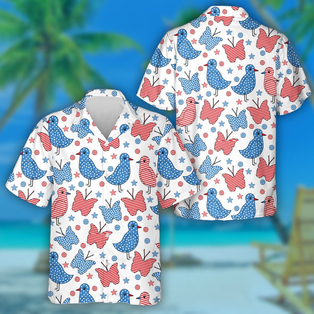 Adult Birds And Butterflies In The Style Of American Flag Hawaiian Shirt, Hawaiian Shirt Gift, Christmas Gift