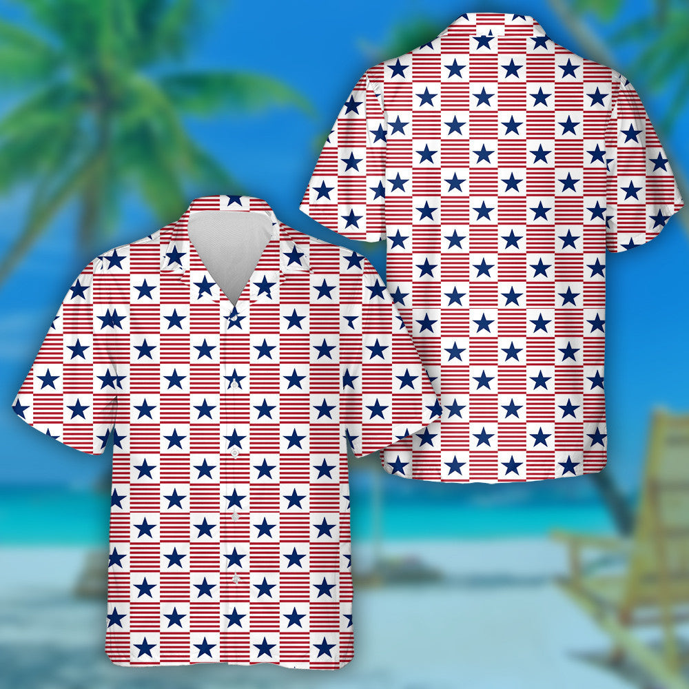 Usa Patriotic Panoramic Check Pattern With Stripes And Stars Hawaiian Shirt, Hawaiian Shirt Gift, Christmas Gift