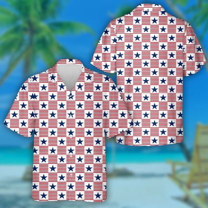 Usa Patriotic Panoramic Check Pattern With Stripes And Stars Hawaiian Shirt, Hawaiian Shirt Gift, Christmas Gift