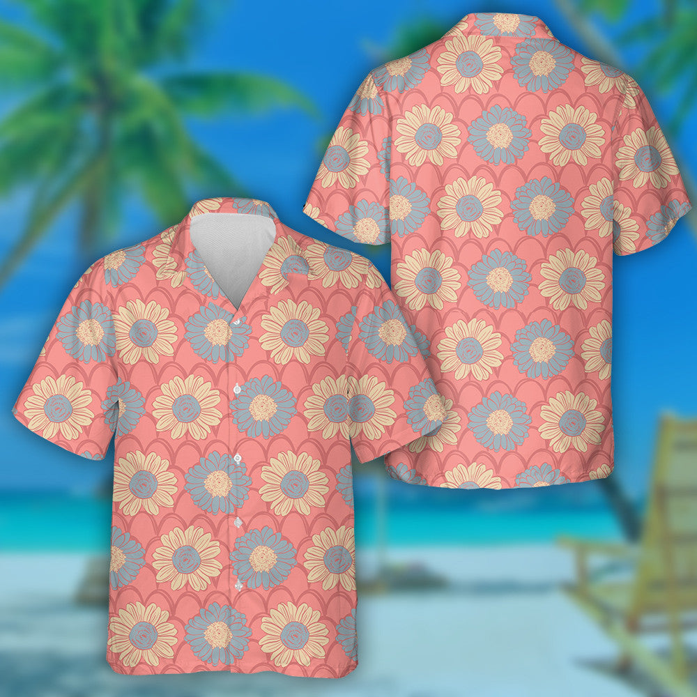 Blue And Nude Color Sunflowers On Pink Scale Background Hawaiian Shirt, Hawaiian Shirt Gift, Christmas Gift