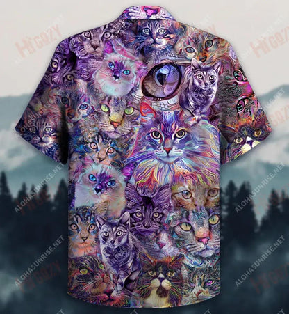 Psychedelic Cat Unisex Short Hawaiian Shirt Summer Hawaiian T Shirts Hawaiian Crazy Shirts Funny Hawaiian Shirts, Hawaiian Shirt Gift, Christmas Gift