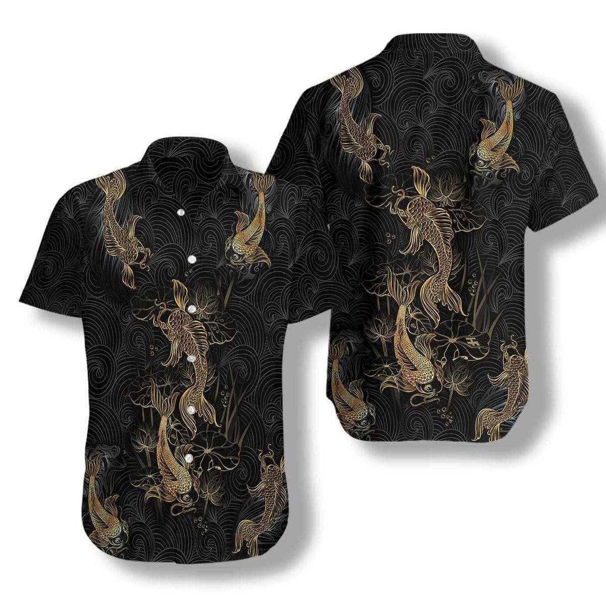 Attractive Golden Koi Fish On Waves Pattern Hawaiian Shirt, Hawaiian Shirt Gift, Christmas Gift