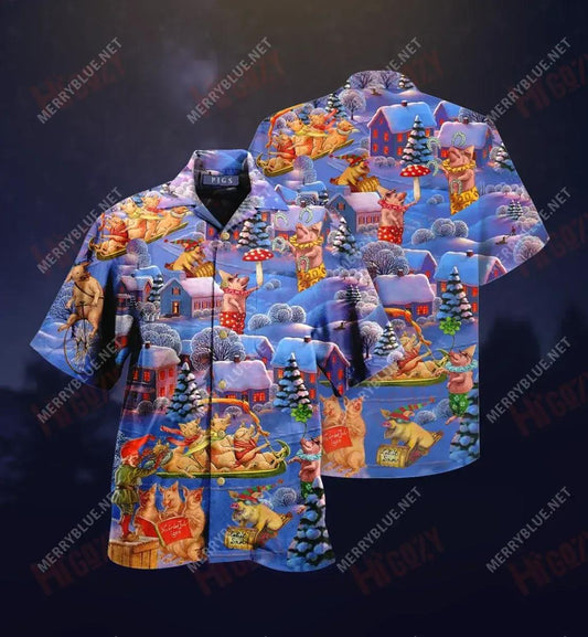 Christmas Pigs Unisex Short Hawaiian Shirt Summer Short Sleeve Vintage Hawaiian Shirts Hawaiian Shirts For Men, Hawaiian Shirt Gift, Christmas Gift