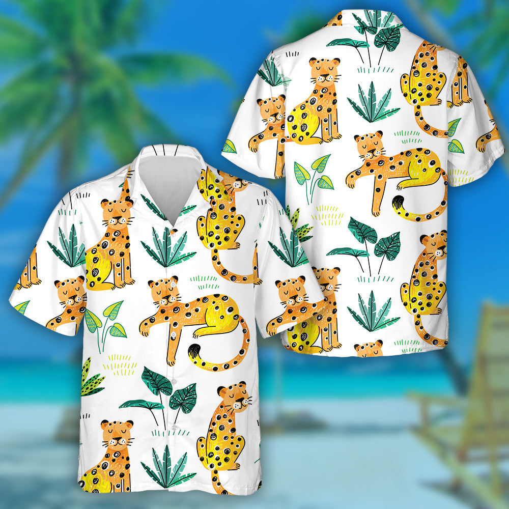 Leopard Hand Drawn Tropical Summer Exotic Plant Hawaiian Shirt, Hawaiian Shirt Gift, Christmas Gift