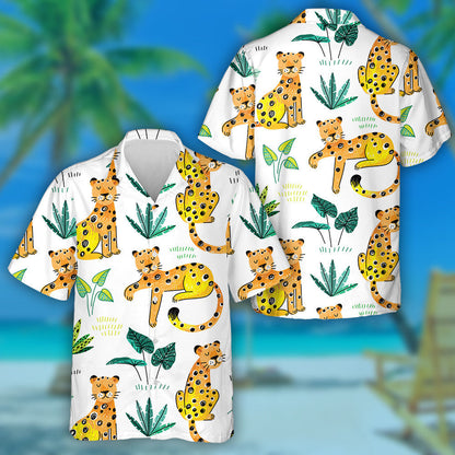 Leopard Hand Drawn Tropical Summer Exotic Plant Hawaiian Shirt, Hawaiian Shirt Gift, Christmas Gift