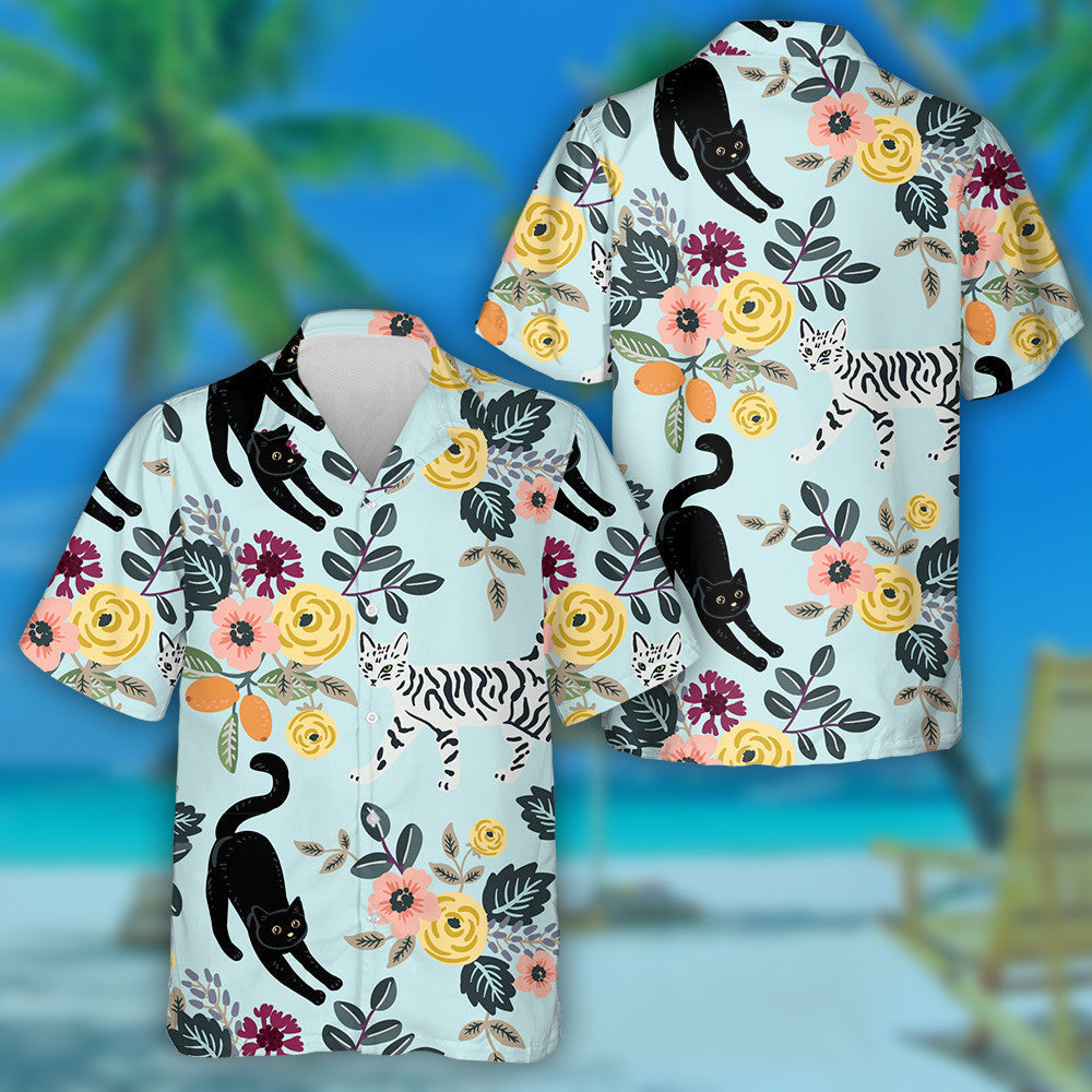 Cute Cats And Floral Bouquets On The Light Blue Hawaiian Shirt, Hawaiian Shirt Gift, Christmas Gift