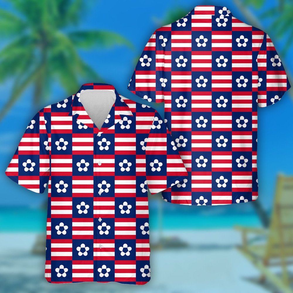 Cute Flower On Colorblocks In The Style Of American Flag Hawaiian Shirt, Hawaiian Shirt Gift, Christmas Gift