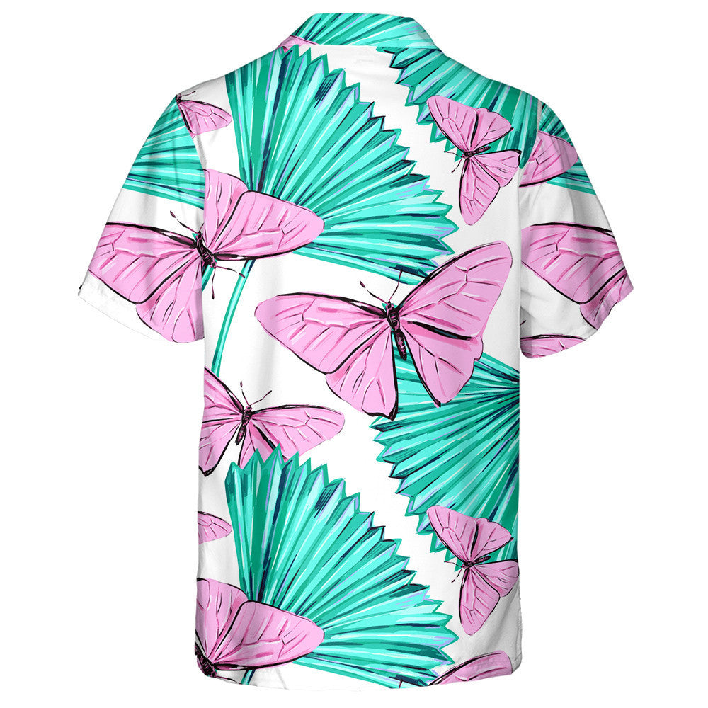 Theme Pink Butterflies And Palm Leaves Hawaiian Shirt,Hawaiian Shirt Gift, Christmas Gift