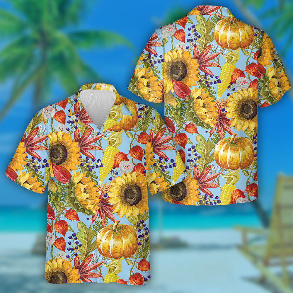 Hello Autumn Season Elements With Pumkin Sunflower And Leaves Hawaiian Shirt, Hawaiian Shirt Gift, Christmas Gift