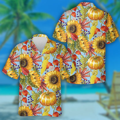 Hello Autumn Season Elements With Pumkin Sunflower And Leaves Hawaiian Shirt, Hawaiian Shirt Gift, Christmas Gift