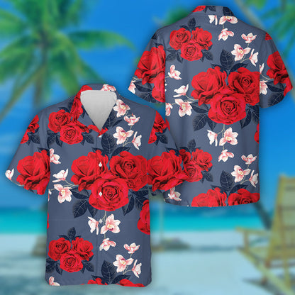 Botanical Scarlet Red Rose Pink Flower Branch Design Hawaiian Shirt, Hawaiian Shirt Gift, Christmas Gift