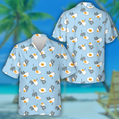 Cute Cat And Fried Eggs On Blue Background Hawaiian Shirt, Hawaiian Shirt Gift, Christmas Gift