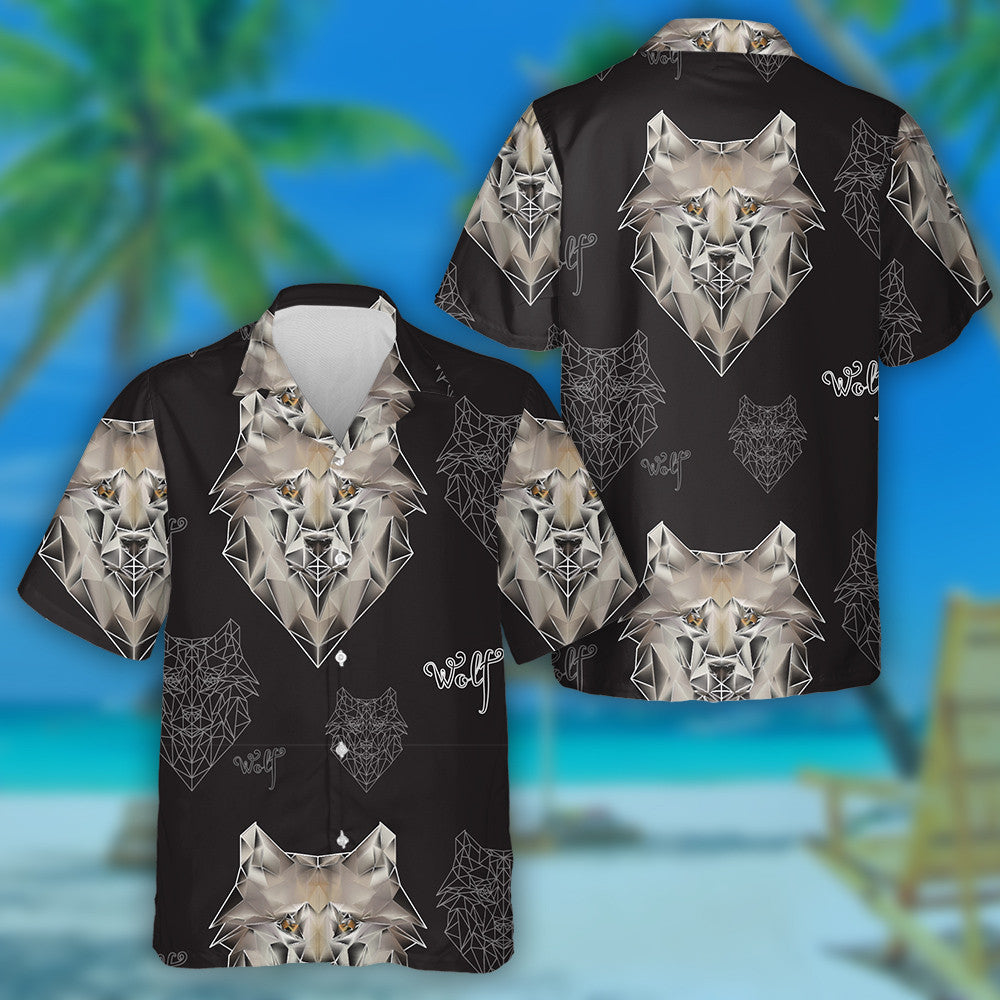 Texture Wolf Head Polygons On Black Hawaiian Shirt,Hawaiian Shirt Gift, Christmas Gift