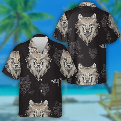 Texture Wolf Head Polygons On Black Hawaiian Shirt,Hawaiian Shirt Gift, Christmas Gift