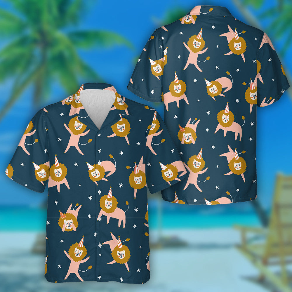 Funny Lion With Birthday Hat In Different Poses Hawaiian Shirt, Hawaiian Shirt Gift, Christmas Gift