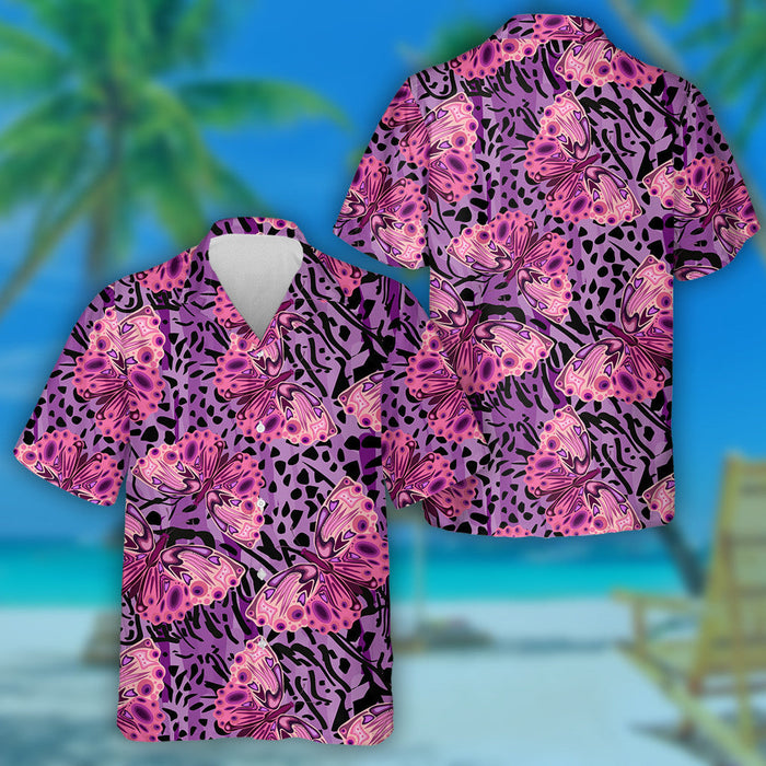 Pink Buterflies On Purple Leopard Texture Hawaiian Shirt,Hawaiian Shirt Gift, Christmas Gift