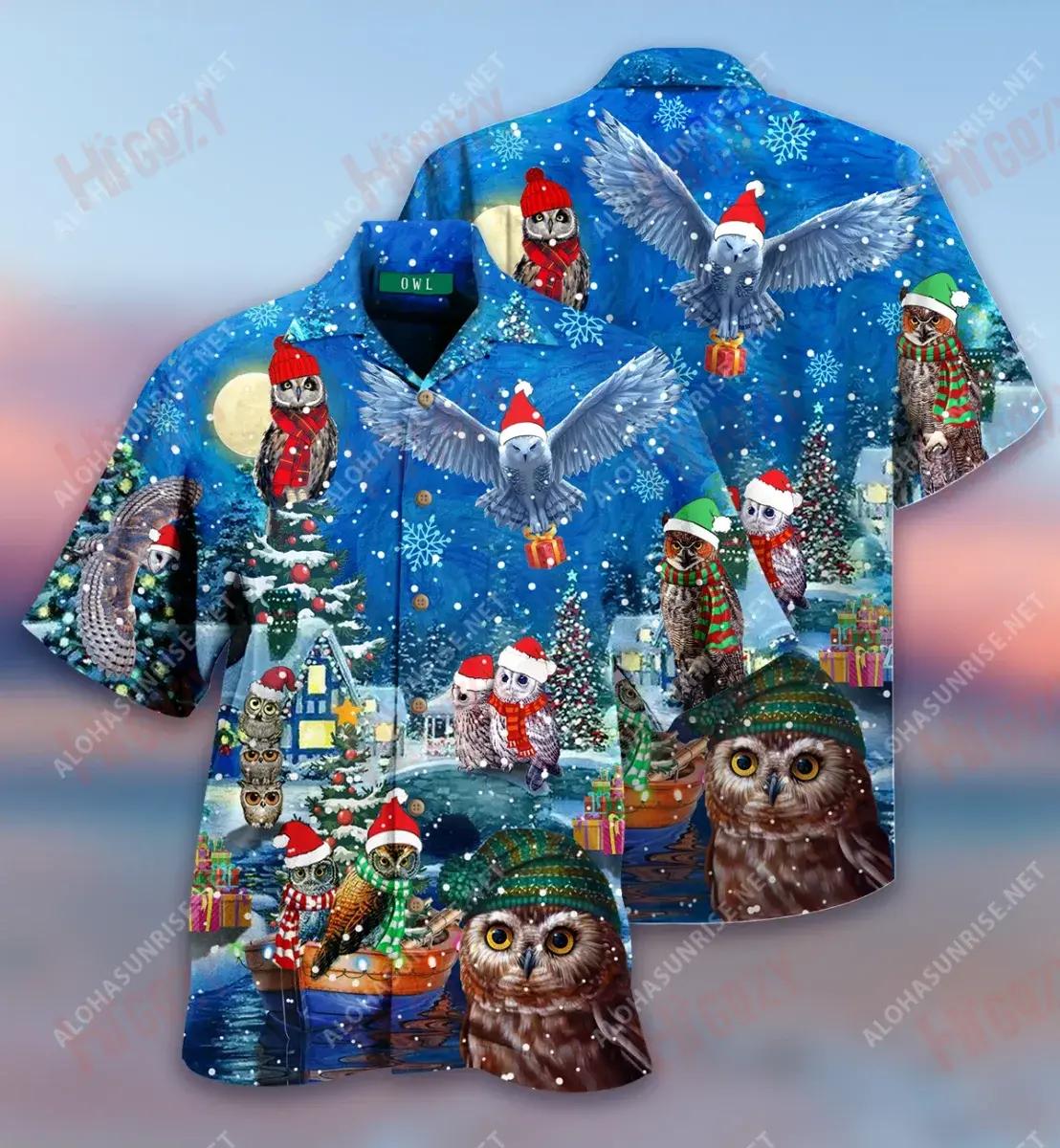 Owl Be Home For Christmas Short Hawaiian Shirt Ocean Aloha Shirt Tactical Hawaiian Shirt Hawaiian Shirts For Women, Hawaiian Shirt Gift, Christmas Gift