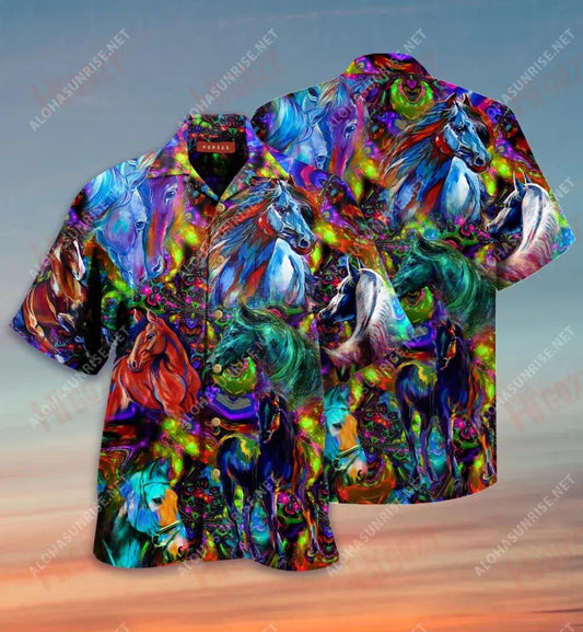 Colorful Horses Unisex Short Short Sleeve Shirt Hobbies Hawaiian T Shirts Vintage Hawaiian Shirts Hawaiian Shirts For Men, Hawaiian Shirt Gift, Christmas Gift