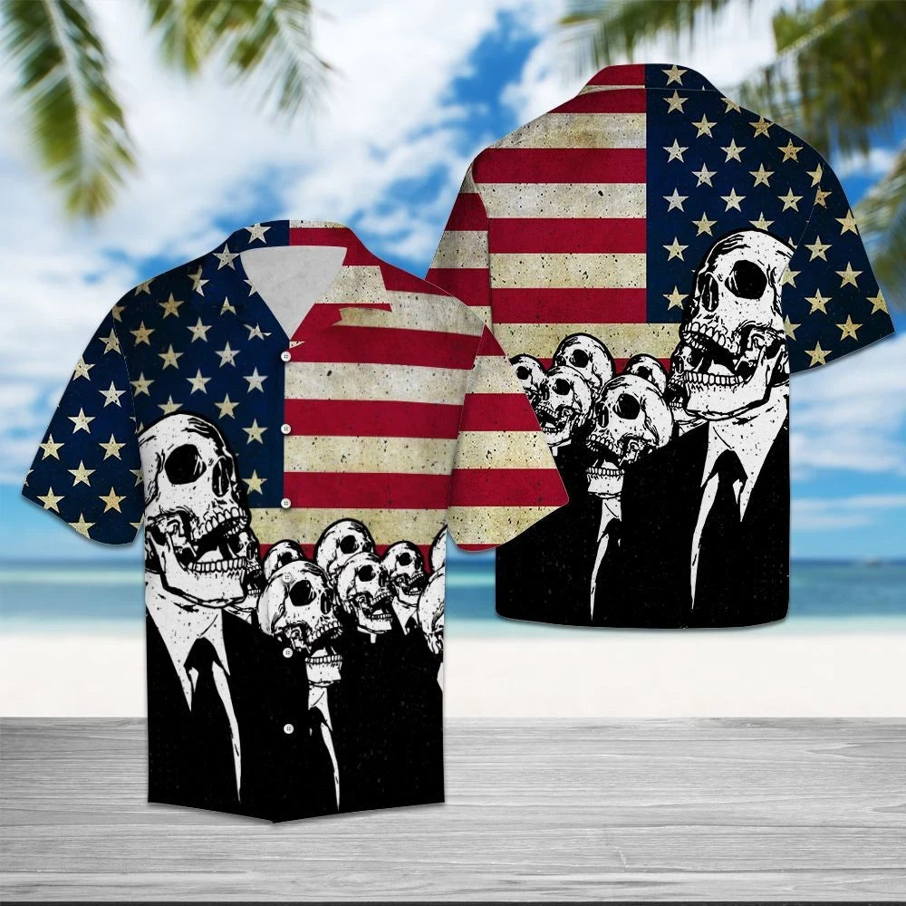 Skull Man With Grunge Flag Hawaiian Shirt,Hawaiian Shirt Gift, Christmas Gift