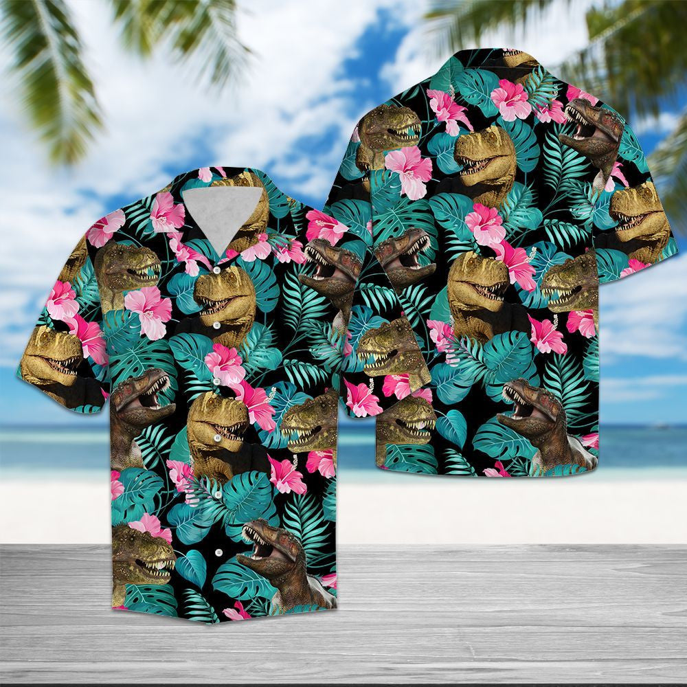 T-rex In Jungle With Pink Hibiscus Design Hawaiian Shirt, Hawaiian Shirt Gift, Christmas Gift