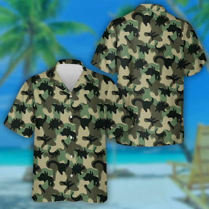 Black Dinosaur Skeletons Silhouette Green Camo Pattern Hawaiian Shirt, Hawaiian Shirt Gift, Christmas Gift