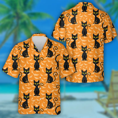 Abstract Halloween Style Cat With Bats Hawaiian Shirt, Hawaiian Shirt Gift, Christmas Gift
