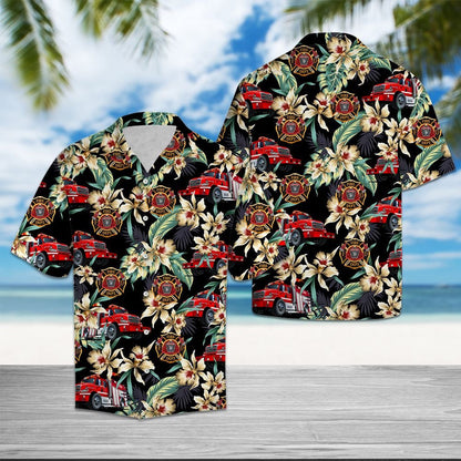 Firefighter Logo With Floral Outstanding Design Hawaiian Shirt,Hawaiian Shirt Gift, Christmas Gift