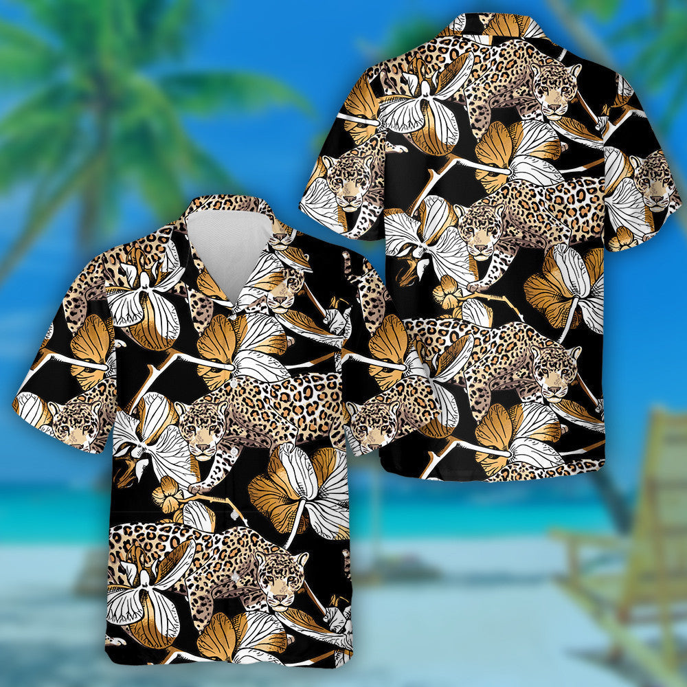 Tropical Leopard Animal And Lily Flowers Hawaiian Shirt,Hawaiian Shirt Gift, Christmas Gift