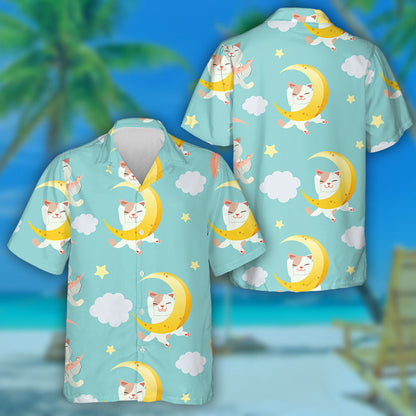 Cute Cat Sleeping On The Crescent Moon And Cloud Hawaiian Shirt, Hawaiian Shirt Gift, Christmas Gift