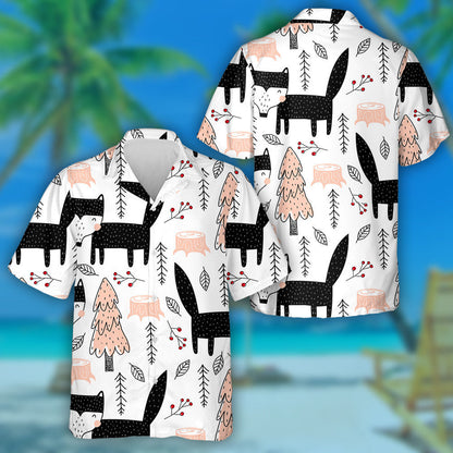 Cute Black Wolf And Tree In Vintage Style Hawaiian Shirt, Hawaiian Shirt Gift, Christmas Gift