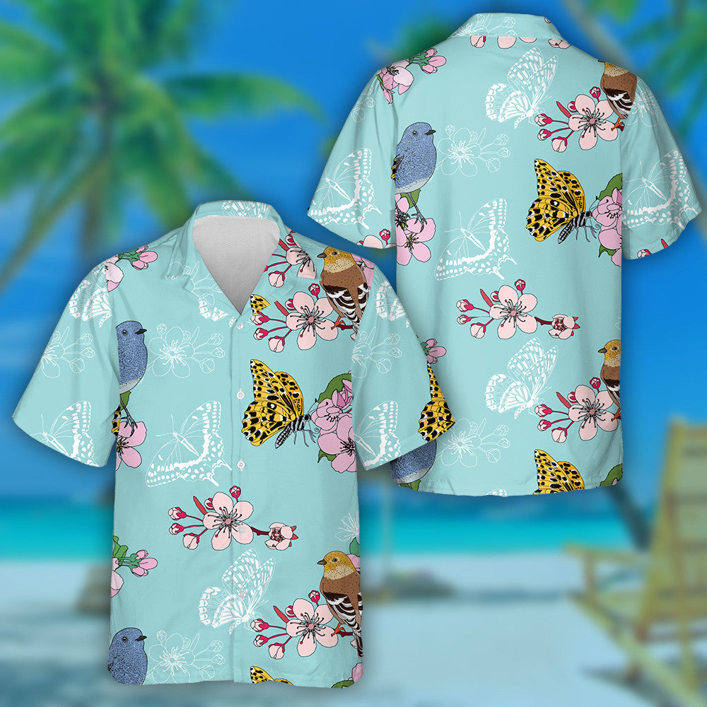 Hand Drawn Cherry Blossom And Butterflies Hawaiian Shirt, Hawaiian For Gift