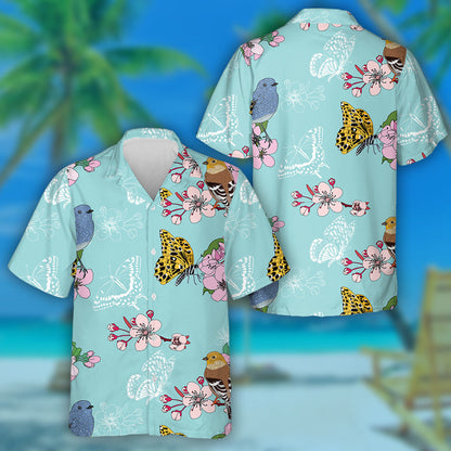 Hand Drawn Cherry Blossom And Butterflies Hawaiian Shirt, Hawaiian For Gift