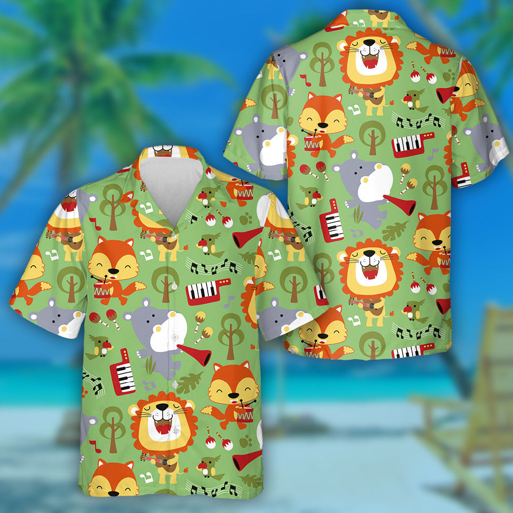 Funny Lion Hippo And Fox Playing Music Instrument Hawaiian Shirt, Hawaiian Shirt Gift, Christmas Gift