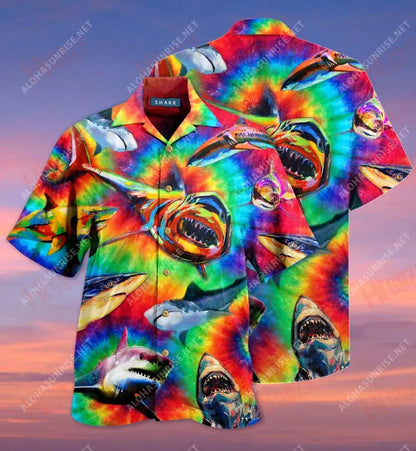 Colorful Sharks Short Short Sleeve Shirt Summer Hawaiian T Shirts Best Hawaiian Shirts Funny Hawaiian Shirt, Hawaiian Shirt Gift, Christmas Gift