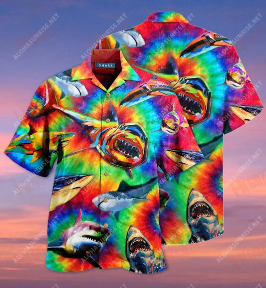 Colorful Sharks Short Short Sleeve Shirt Summer Hawaiian T Shirts Best Hawaiian Shirts Funny Hawaiian Shirt, Hawaiian Shirt Gift, Christmas Gift